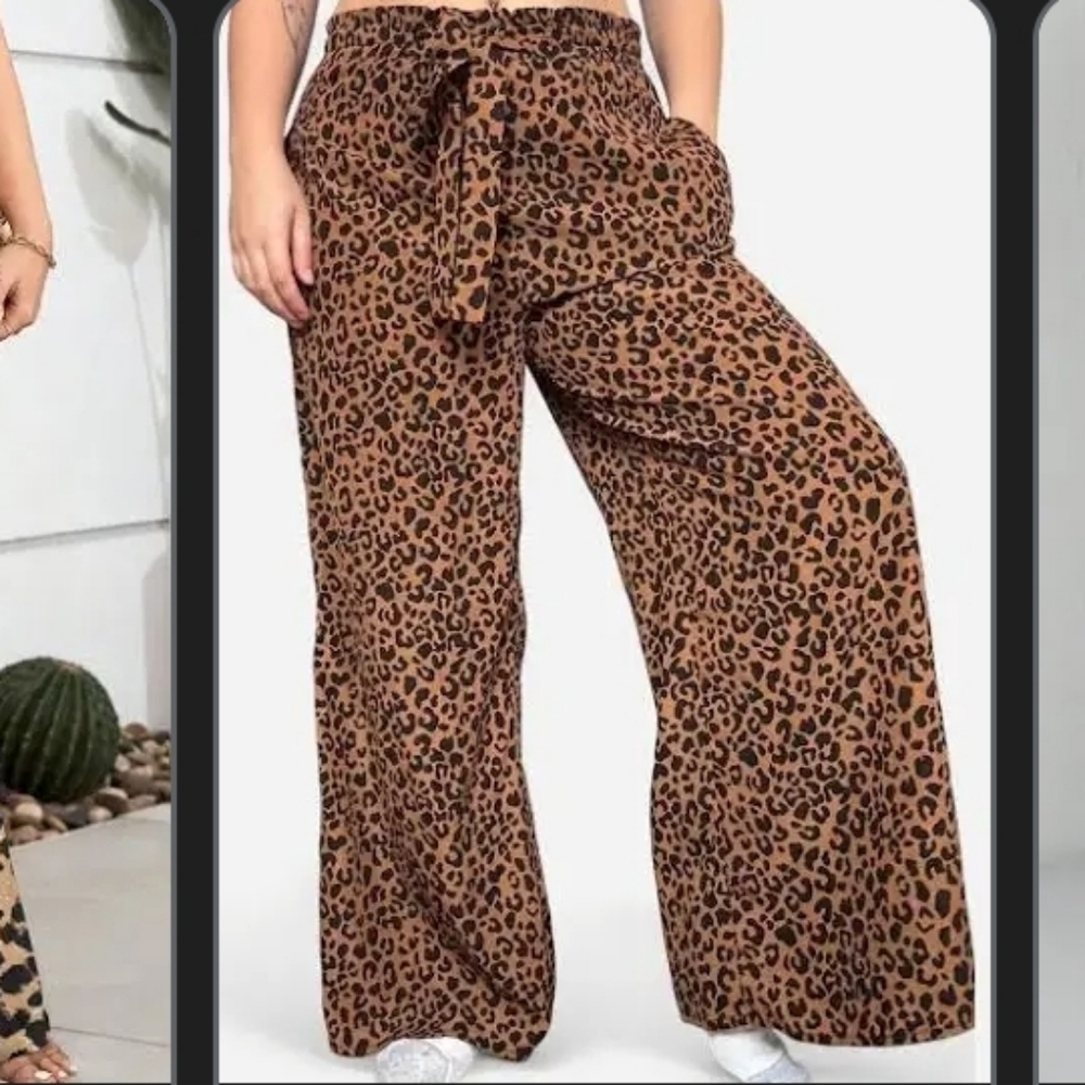 Cheetah Print Wide Leg Palazzo Pants Tie Waist Pockets Size Small - Picture 11 of 14